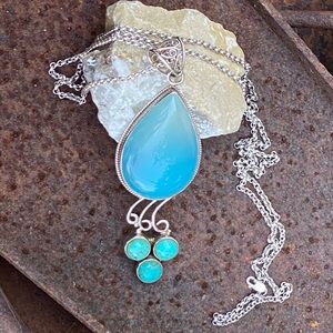 Sterling Silver Blue Aqua Chalcedony Teardrop/Round Turquoise Pendant Necklace